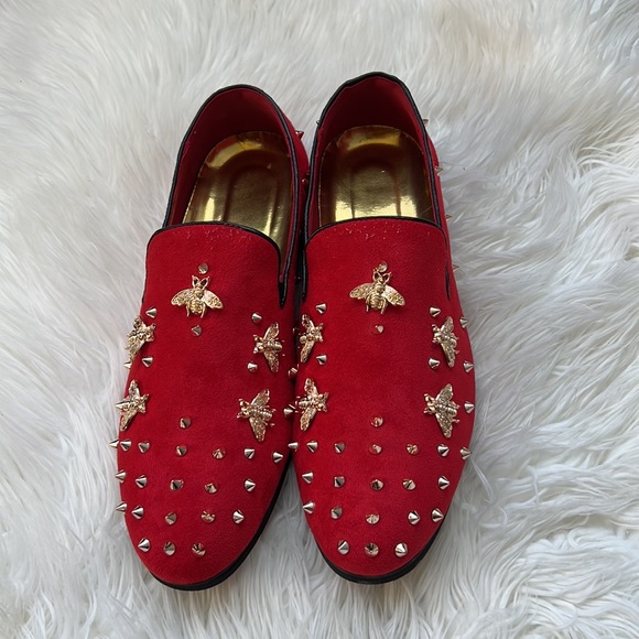 Red Suede Gold Bees Spike Studs Punk Rock Mens Loafers Flats Size 10 - Picture 7 of 8